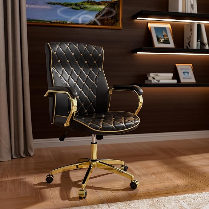Black and Gold Office Chair with Soft Leather Embroidery, Mid Back Vintage Swivel Executive Desk Chair with Wheels and Padded Arms, Adjustable Height-DeskLoop Office