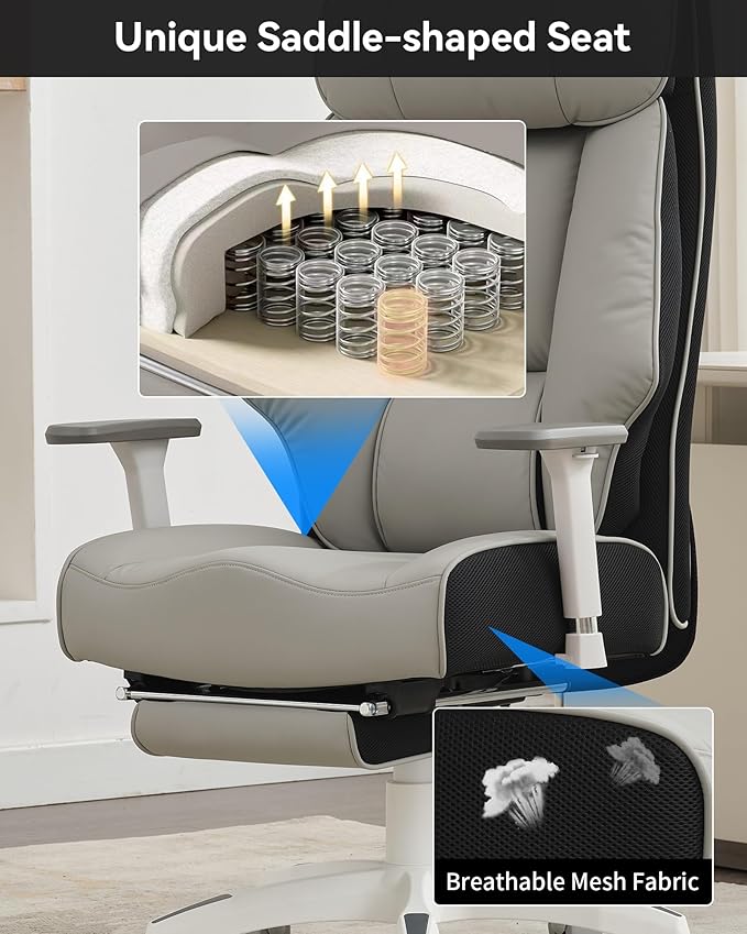 DJ·Wang Big and Tall Office Chair 400lbs with Foot Rest, High Back Executive Office Chair with Extra-Thick Spring Cushion, Ergonomic Leather Chairs Gray-DeskLoop Office