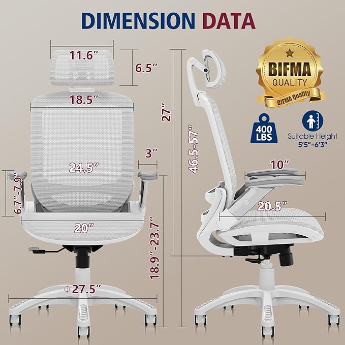 GABRYLLY Ergonomic Office Chair, High Back Home Desk Chair with Headrest, Flip-Up Arms, 90-120° Tilt Lock and Wide Cushion, 400LBS Mesh Chairs for Man Woman, White Task Chair(Grey,GY01WG)-DeskLoop Office