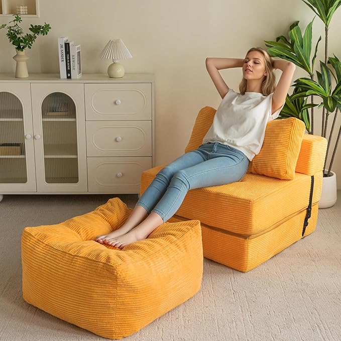 HIGOGOGO Square Stuffed Pouf Ottoman, Corduroy Poufs with Foam Chunk Filling, Furry and Fluffy Pouf Foot Stool Storage Ottoman, 21 X 21 Floor Poufs Foot Rest for Living Room, Orange-DeskLoop Office