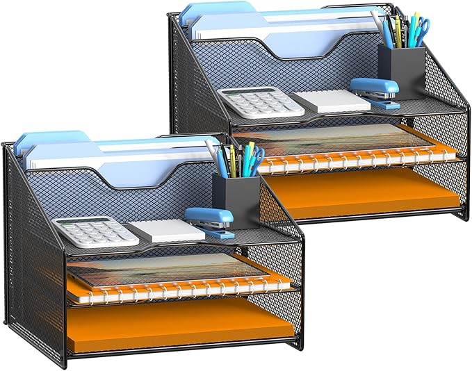 Samstar 2 Pack Mesh Desk File Organizer Letter Tray Holder, Desktop File Folder Holder with 3 Paper Trays and 2 Vertical Upright Section, Black-DeskLoop Office