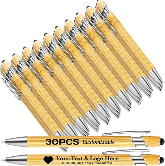 Personalized Pen Bamboo Pen with Stylus -Customizable Text Logo Name, Ballpoint Pens with Black Ink, Personalized Gift Ideas for Office School Business Home(30 Count/Pack)-DeskLoop Office