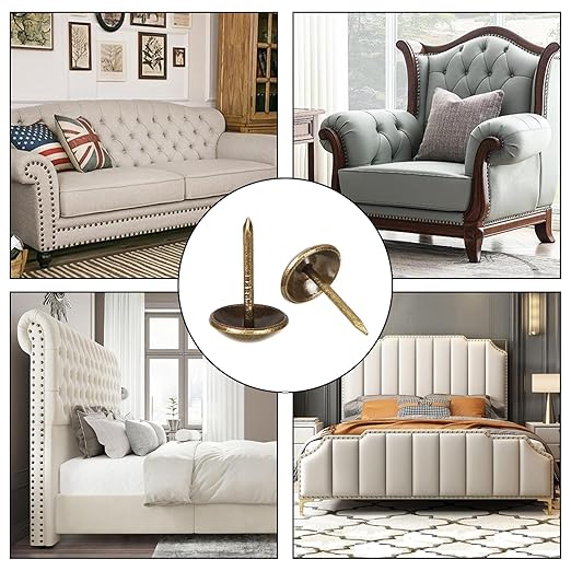 500Pcs Decorative Upholstery Tacks, 7/16” Antique Furniture Nails Pins, Brass Finish Metal Thumb Tack Stud Push Pins for Sofa Chair Bed Headboard, Upholstery Pin Assortment Kit for Furniture Décor-DeskLoop Office