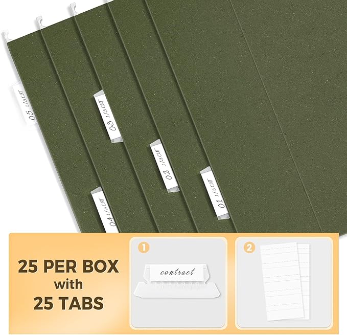 SUNEE Hanging File Folders Legal Size,25 Pack Reinforced Hang Folders, Adjustable 1/5-Cut Tabs, Designed for Bulky Files, Filing Cabinet, Standard Green
