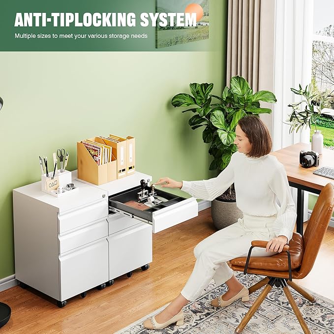 Letaya 3 Drawer Mobile File Cabinet with Lock, Under Desk Metal Filing Cabinets for Home Office Organizer Letters/Legal/A4(Fully Assembled-White)-DeskLoop Office