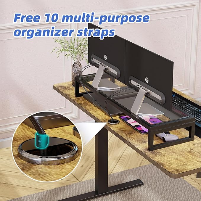 Simple Trending Dual Monitor Stand Riser, Tempered Glass Computer Desk Organizer with Mouse Pad for Laptop, iMac, TV, Black-DeskLoop Office