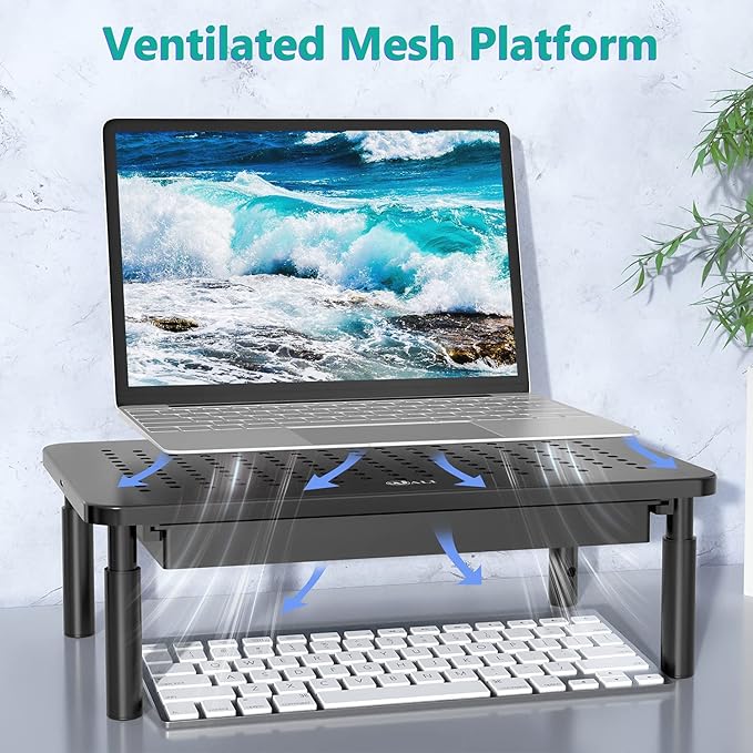 WALI Computer Monitor Stand with Storage, Desk Monitor Riser 3 Height Adjustable, Laptop Riser with Airflow Vents, Desk Organizer for Computer, Laptop, Printer, Notebook (STT003D-B), 1 Pack, Black-DeskLoop Office