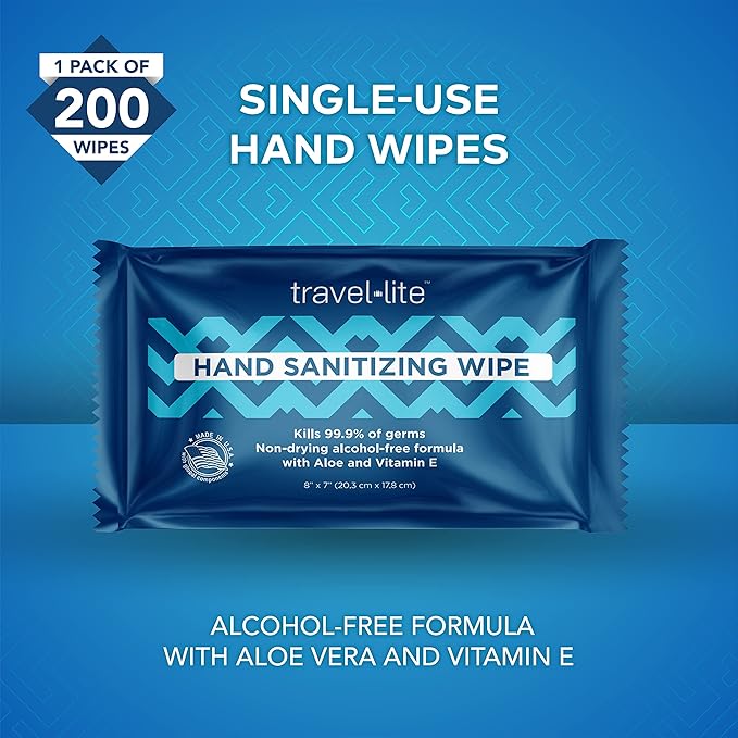 Travel Lite Alcohol-Free Hand Wipes with Aloe Vera and Vitamin E, Fresh Scent 200ct Individually Wrapped Travel Essentials Wipes for Adults and Kids-DeskLoop Office
