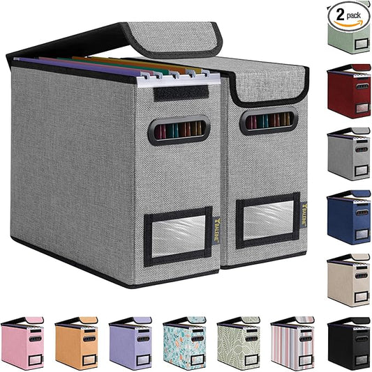 BALEINE File Organizer Box with Lid, Collapsible File Folder Organizer with Plastic Slide, Hanging File Folder Box for Office Document Storage (2 Pack, Grey, S)-DeskLoop Office
