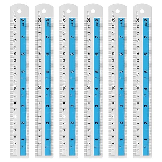 HARFINGTON 6pcs Metal Straight Ruler 20cm Metric SAE Aluminum Alloy Measuring Rulers Scale Tools with Hole for Measure Study Reading Classroom Office, Blue-DeskLoop Office