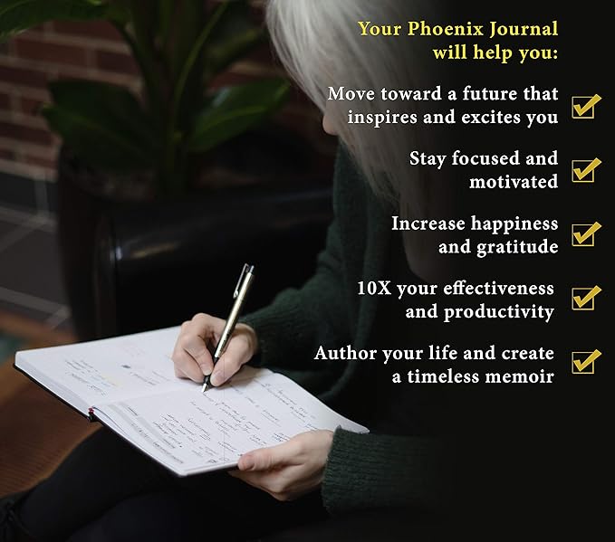 The Phoenix Journal - Best Daily Goal Planner, Organizer, & Calendar for Goal Setting, Gratitude, Happiness, & Productivity - Vision Board & Habit Tracking - 12 Weeks, Undated, Hardcover - Black-DeskLoop Office