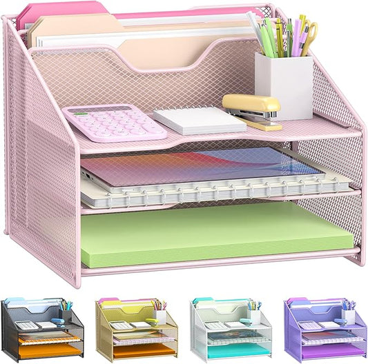 samstar Pink Desk File Organizer, Mesh Letter File Folder Holder with 3 Paper Trays and 2 Vertical Upright Section, for Office Supplies, Desk Accessories & Workspace, Pink-DeskLoop Office