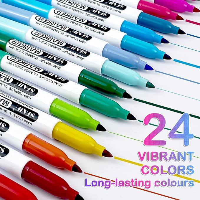 SFAIH 24 Colors Permanent Markers - Assorted Vibrant Colors, Quick Drying, Fade Resistant, Alcohol-Based Fine Point Permanent Markers for Paper, Plastic, Wood, Coloring, Drawing Doodling, Waterproof-DeskLoop Office