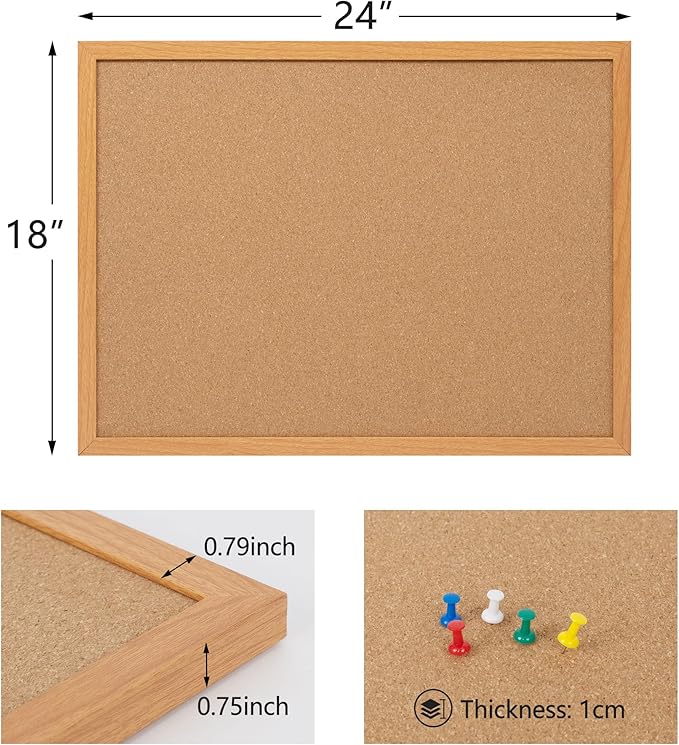 Board2by Cork Board Bulletin Board 18" x 24", Wood Framed Corkboards for Wall Decor, Hanging Office Message Board, Large Wall Mounted Notice Pin Board with 15 Push Pins for School, Home & Office-DeskLoop Office