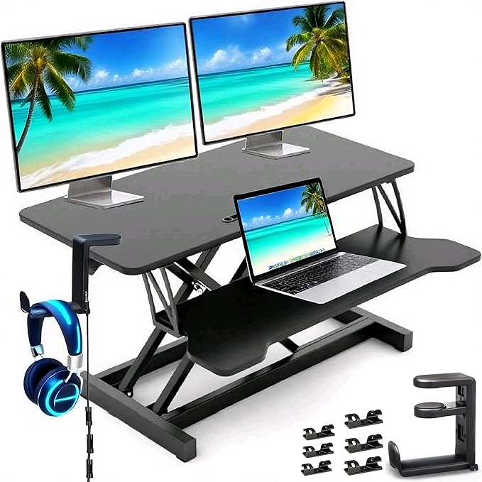 37-inch Standing Desk Converter,Height Adjustable Sit to Stand Up Workstation Riser, Dual Monitor and Laptop Riser with Wide Keyboard Tray, Headphone Stand,Cable Clips,for Home Office, Black-DeskLoop Office