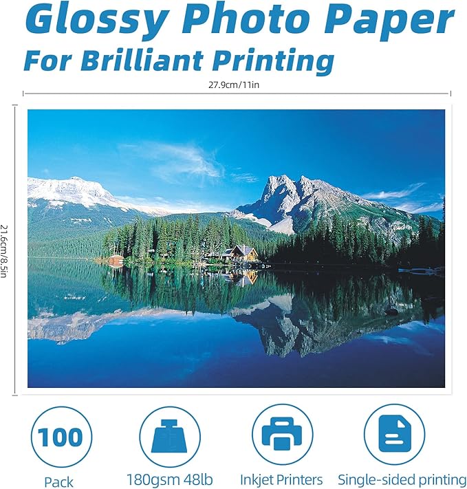 Uinkit 100 Sheets Inkjet Photo Paper Glossy 8.5x11 48lb 180Gsm Professional Photographic Paper Letter Size 8.5Mil Instant Dry Suitable for All Ink Printers-DeskLoop Office