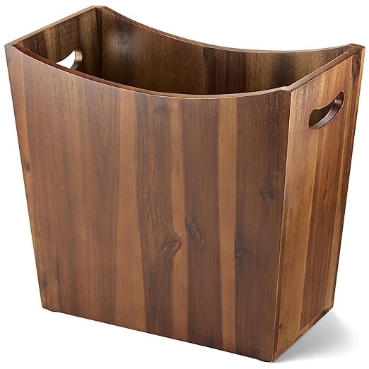 3 Gallons Rectangular Wastebaskets - Acacia Wood Waste Basket with Handles - Small Trash Can for Bathroom - Brown Garbage Bin for Spa Bathroom Decorative, Kitchen Counter, Living Room (Walnut)-DeskLoop Office