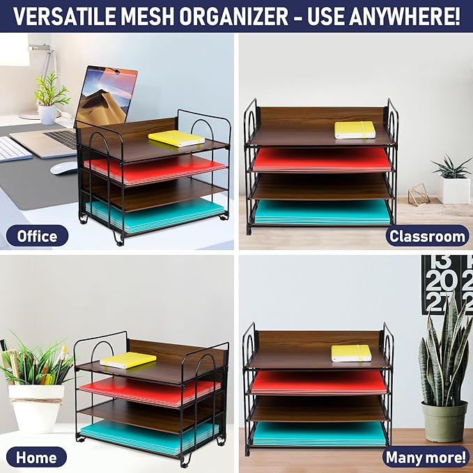 4-Tier Office Organizer, Desk File Organizer with Wood Patterned Shelves, Office Supplies Desktop Organization for Storage of Paper, Bills, Letters, Multi-Functional Desk Organization and Accessories-DeskLoop Office