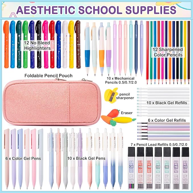 School Supplies Set for Teens Girls - Cute Pink Pencil Case, 10 Mechanical Pencils 0.5 0.7 2.0mm,12 Highlighters, 16 Pens, 452 Lead & Gel Refills Complete College Essentials, Drafting & Writing Kit-DeskLoop Office
