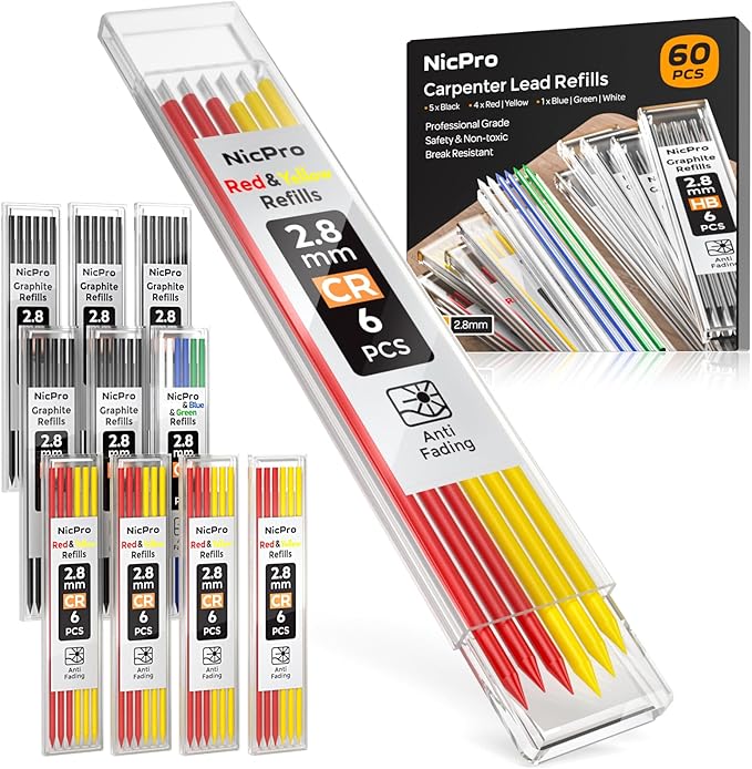 Nicpro 60 PCS Carpenter Pencil Lead Refills 2.8mm, Lead for Carpenter Mechanical Pencil, Break Resistant 2.8 mm Lead for Construction Pencil, Woodworking Pencil (Black, Red, Yellow, Green, Blue,White)-DeskLoop Office