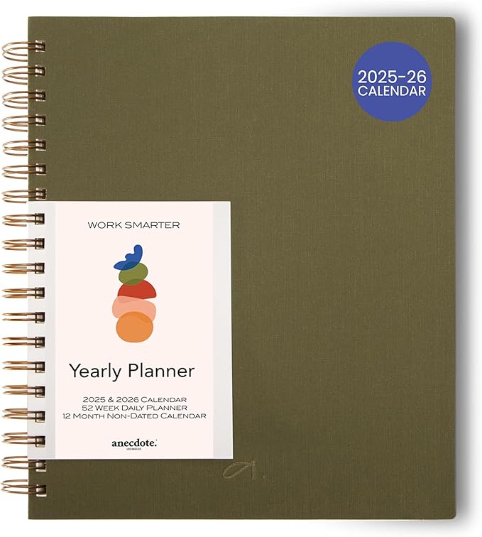 Anecdote Planner 2025 (8.5" x 10") Daily Planner Weekly Monthly Planner - 52 Weeks w/Library Buckram Cover, Brass Spiral - A4 Size Bleed-Resistant Paper – Olive Green-DeskLoop Office