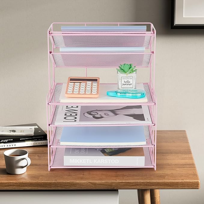 6-Tier Letter Tray Paper Organizer, Desk Organizers and Accessories, Desktop File Organizer, Office Desk Accessories for Office Supplies(Pink)-DeskLoop Office
