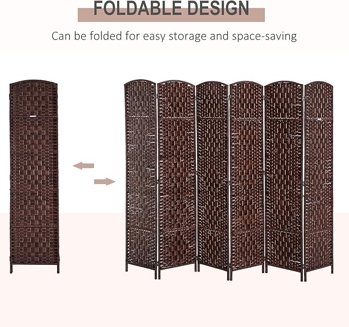 HOMCOM Room Divider 6 Panels Folding Privacy Screen 6FT Tall Portable Wicker Weave Partition Wall Divider for Bedroom Home Office, Brown-DeskLoop Office