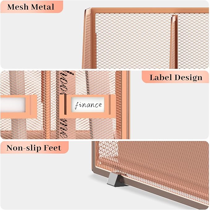 SUPEASY Desk Organizers Metal Desk Magazine File Holder with 5 Vertical Compartments Rack File Organizer for Office Desktop, Home Workspace, Rose Gold-DeskLoop Office