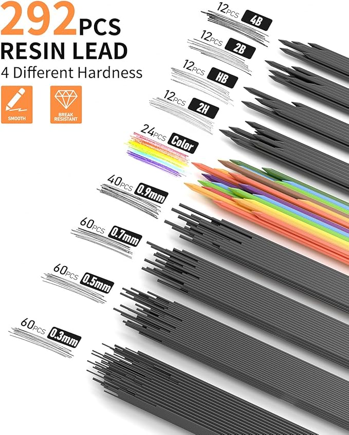 21PCS Metal Mechanical Pencil Set, Art Lead Pencil 0.3, 0.5, 0.7, 0.9, 2mm Holder(HB 2H 2B 4B Color) with 10 Tubes Graphite Lead Refills Eraser with Case for Drafting Drawing Sketching-DeskLoop Office