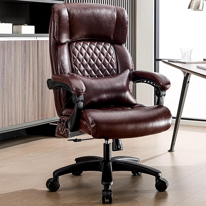 Lumbar Massage Office Chair, 500LBS Big and Tall Office Chair, Heavy Duty Ergonomic Executive Reclining Chair with High Back and Lumbar Support, Brown-DeskLoop Office