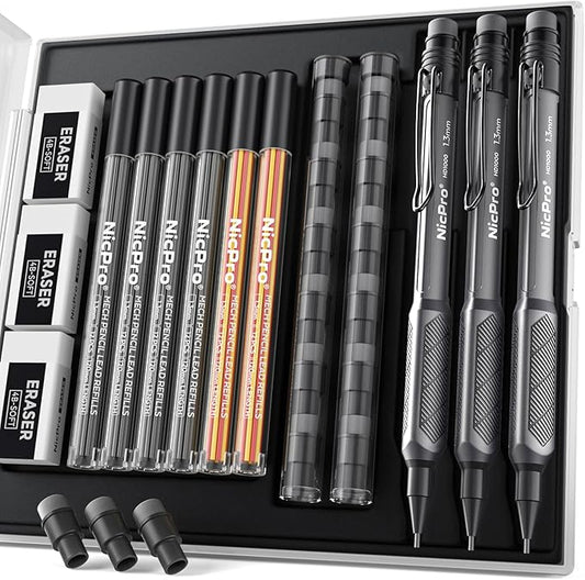 Nicpro 3 Pack Weatherproof Mechanical Pencil Set, 1.3mm Metal Mechanical Pencils, Heavy Duty Pencil for Outdoor All Weather Marking Drafting Drawing with 75 Lead Refills, Erasers, Case (Black, HD1000)-DeskLoop Office