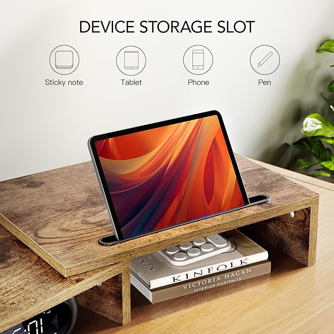 AMERIERGO Dual Monitor Stand Riser- 3 Shelf Screen Stand with Adjustable Length and Angle, 2 Extra Functional Slot Desktop Organizer Stand for PC, Computer, Laptop (Rustic Brown)-DeskLoop Office