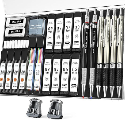 Four Candies 27PCS Art Mechanical Pencil Set with Case, 4PCS Metal Drawing Pencil 0.3, 0.5, 0.7, 0.9 mm & 2PCS 2mm Lead Holder (HB 2H 2B 4B Color) with 552 Graphite Lead Refills for Drawing Sketching-DeskLoop Office