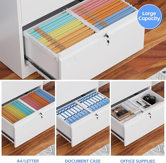 2 Drawer Lateral File Cabinet, Metal Wide Filing Cabinet with Independent Locks, Home Office Furniture for Hanging Files Letter/Legal/F4/A4 Size, Assembly Required, White-DeskLoop Office
