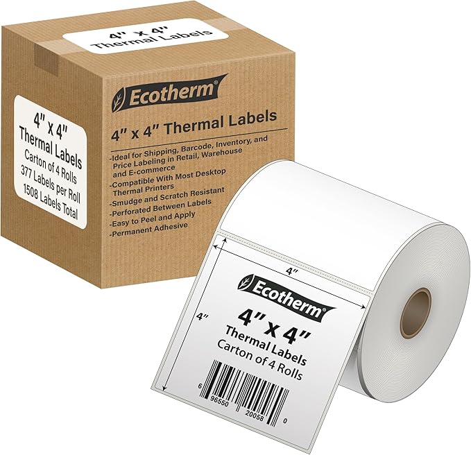 4" x 4" Thermal Labels | 4 Rolls | 1508 Labels | fits Zebra, Munbyn, Rollo, Godex, Arkscan, iDPRT, Offnova Thermal Label Printers and More | Blank White Adhesive Stickers by Ecotherm-DeskLoop Office