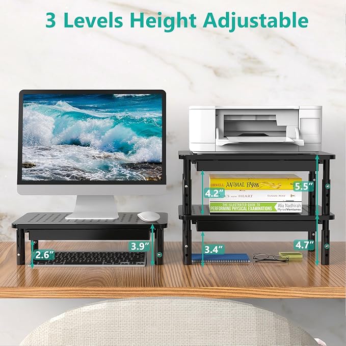 WALI Computer Monitor Stand with Storage, Desk Monitor Riser 3 Height Adjustable, Laptop Riser with Airflow Vents, Desk Organizer for Computer, Laptop, Printer, Notebook (STT003D-B), 1 Pack, Black-DeskLoop Office