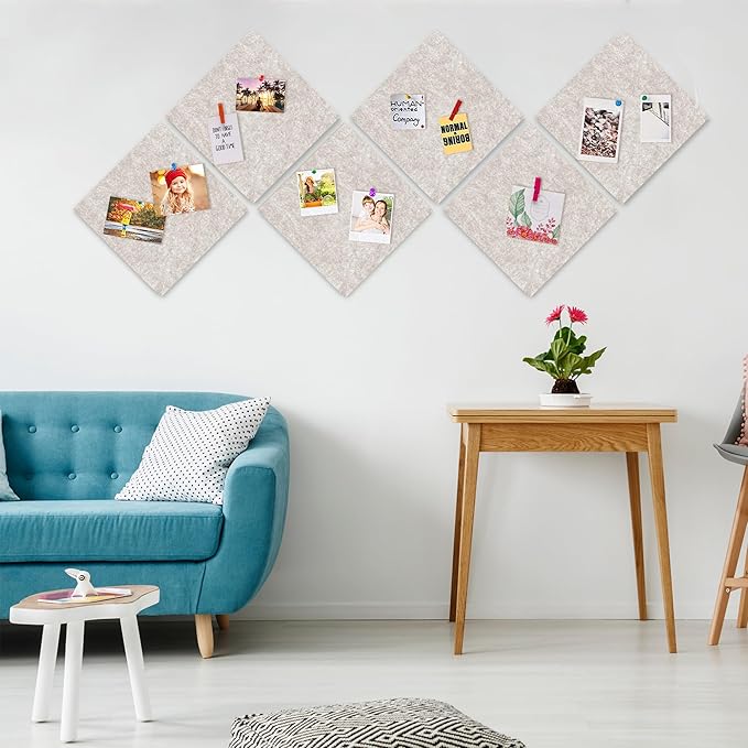 AKTOP Cork Bulletin Board 12x12, 1/2" Thick Felt Cork Board Tiles 6 Pack, Small Square Pin Board for Wall, Self Adhesive Corkboards with 60 Push Pin Wood Clips for School, Home & Office, Latte-DeskLoop Office