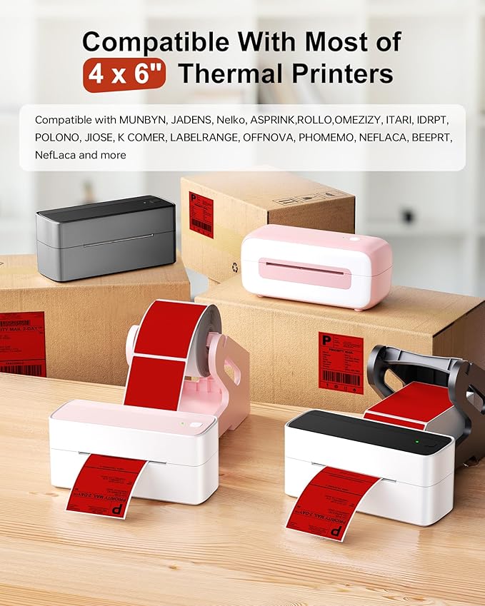 Phomemo 4x6 Thermal Label Printer Paper - 500 PCS Red 4"x6" Fan-Fold Shipping Supplies Labels - Water/Oilproof Label Stickers - Permanent Adhesive 4x6 Mailing Labels Paper for Thermal Printer-DeskLoop Office