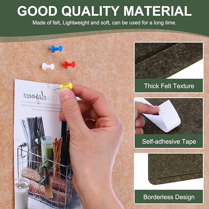 YOKIVE Felt Bulletin Board, 48 x 36 -Inch Foldable Decorative Pin Board Self Adhesive Felt Cork Board with 20 Pushpins, Great for Wall, Photo Display, Paste Note, Schedule(Olive)-DeskLoop Office