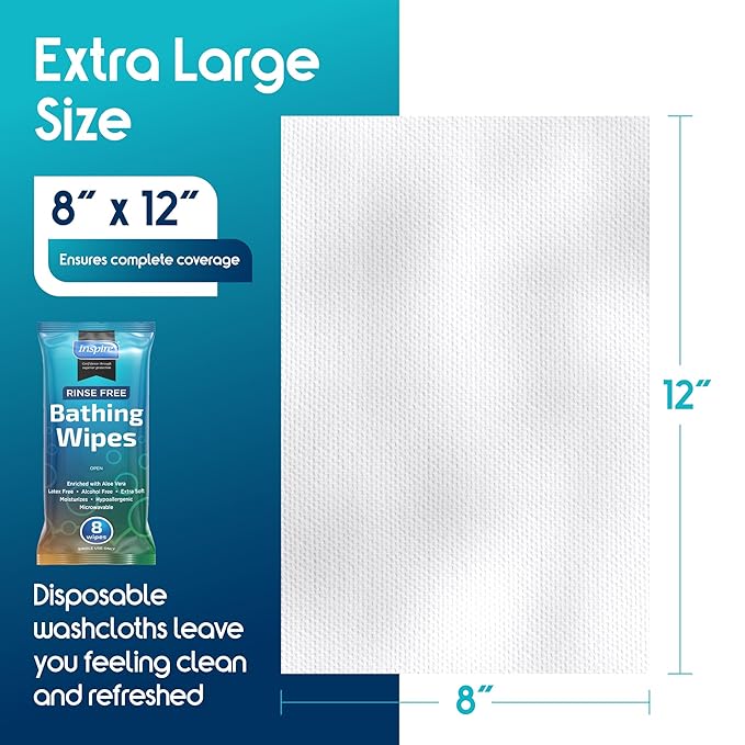 Inspire Rinse Free Body Wash Wipes | Bathing Wipes, Shower Wipes | Extra Large Adult Wipes With Aloe | Cleansing Adult Wipes | Body Wipes For Women And Men | Disposable Washcloths For Adults Bathing-DeskLoop Office