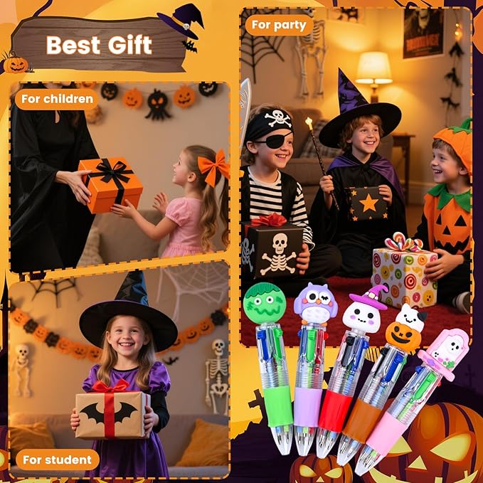 LiYiQ 100 Pcs Halloween Colorful Multicolor Pen in One Cartoon Cute Fun 4-in-1 Cute Pens Bulk Kawaii Pumpkin Ghost Bat Shape Cool Ballpoint Pens for Kids Fun Gifts-DeskLoop Office