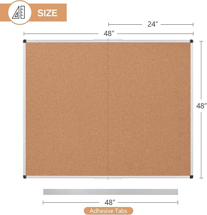 Board2by Extra Large Cork Bulletin Board 48" X 48", Foldable Notice Pin Board for Wall, Silver Aluminum Framed 4'x4' Corkboard, Wall Mounted Noticeboard with 36 Push Pins for School, Home & Office-DeskLoop Office