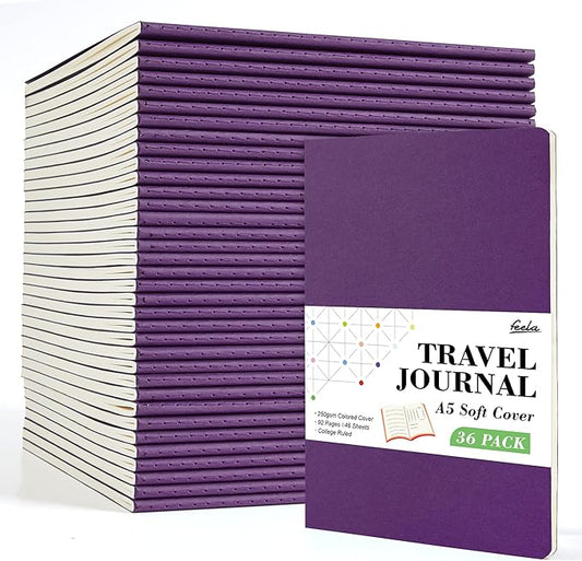 feela 36 Pack Soft Cover Journal Bulk, Lined Blank Travel Journal for Women Men Writing, Notebooks College Ruled for Work, Note Taking Notebook School Business Supplies, 8.2” x 5.5”, A5, Dark Purple-DeskLoop Office