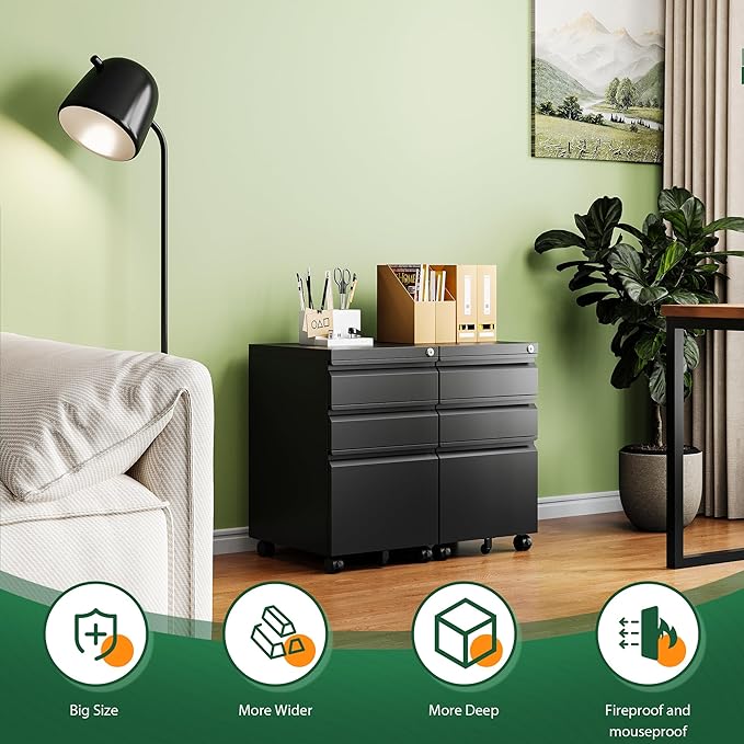 Letaya 3 Drawer Mobile File Cabinet with Lock,Under Desk Metal Filing Cabinets for Home Office Organizer Letters/Legal/A4((Fully Assembled-Black)-DeskLoop Office