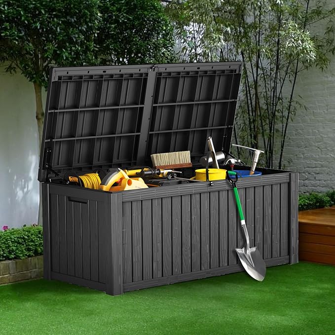 180 Gallon Resin Deck Box, Waterproof Outdoor Storage Bin for Patio Furniture, Pool Accessories, and Garden Tools, Lockable & UV-Resistant, Black-DeskLoop Office
