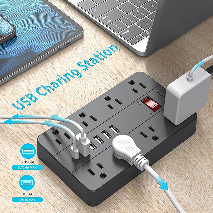 10ft Extension Cord Long Power Strip,AOFO 8 Widely-Spaced Outlets & 6 USB(1 USB C) Ports Flat Plug Power Strip,Power Cord for Wall Mountable and Desktop Black