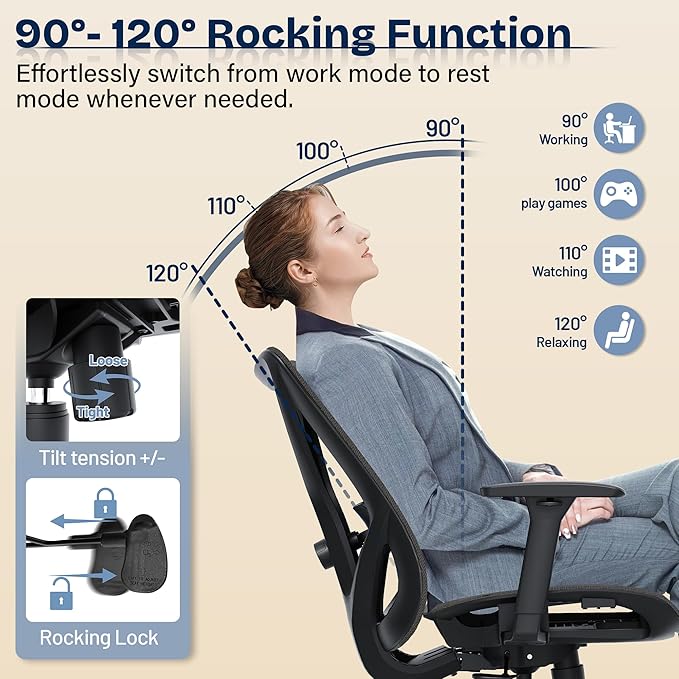 Ergonomic Office Chair, Mesh Computer Desk Chairs with Adjustable Lumbar Support, 3D Armrests, Tilt Function, Comfy Wide Seat, Swivel Executive Work Task Chair for Company and Home-DeskLoop Office