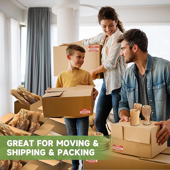 Honeycomb Packing Paper Wrap 15''x820', Substitute Alternative for Bubble Cushioning Wrap for Moving Shipping Packaging, Recyclable Moving Supplies with 48 Fragile Sticker Labels-DeskLoop Office