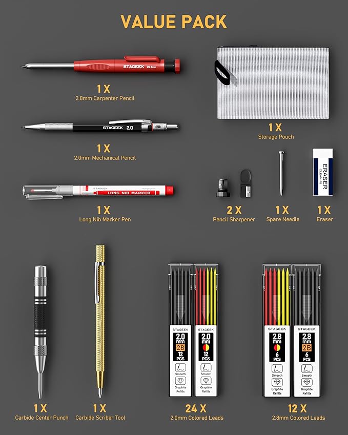 14 Pack Carpenter Pencil Set with Sharpener, Carpenter Pencils with Automatic Center Punch, Carbide Scribe Tool, Deep Hole Long-Nib Marker Pen & Construction Pencils for Architect with Pouch-DeskLoop Office