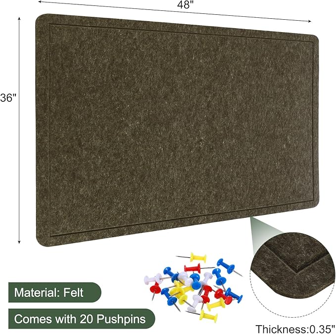 YOKIVE Felt Bulletin Board, 48 x 36 -Inch Foldable Decorative Pin Board Self Adhesive Felt Cork Board with 20 Pushpins, Great for Wall, Photo Display, Paste Note, Schedule(Olive)-DeskLoop Office